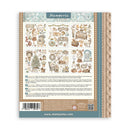The back cover of a Stamperia paper scrapbook/cardmaking pad, featuring a collage of vintage illustrations, product instructions, a barcode, and branding on a white background.