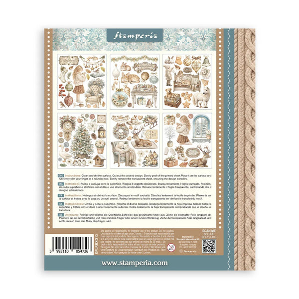 The back cover of a Stamperia paper scrapbook/cardmaking pad, featuring a collage of vintage illustrations, product instructions, a barcode, and branding on a white background.