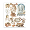 Collection of winter-themed illustrations including a girl, window view, deer, and gift boxes on a white background.