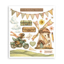A sheet of retro-style watercolor illustrations featuring a mouse riding a scooter, a windmill, vintage suitcases, bunting flags, clouds, flowers, an envelope, a pencil, and the words 'Choose everyday happiness' and 'Encourage'.