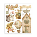 A sheet of vintage-style illustrated stickers or decals featuring a teddy bear, mouse, house, hot air balloon, suitcase, airplane, and small floral motifs on a white background.
