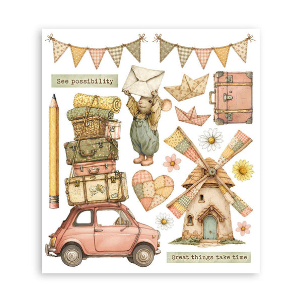 A sheet of vintage-style watercolor illustrations featuring a pink car carrying stacked suitcases, a bear carrying an envelope, bunting flags, paper boats, a suitcase, a pencil, flowers, hearts, a windmill, and text phrases like 'See possibility' and 'great things take time' on a white background.