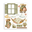 A sheet of vintage-style mouse illustrations and decorative elements on a white background, including two hugging mice, a standing mouse in a hat and coat, a window, clouds, hearts, flowers, a suitcase, and the phrase 'Take some rest you deserve it.'.