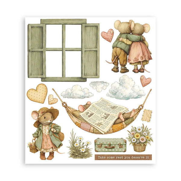 A sheet of vintage-style mouse illustrations and decorative elements on a white background, including two hugging mice, a standing mouse in a hat and coat, a window, clouds, hearts, flowers, a suitcase, and the phrase 'Take some rest you deserve it.'.