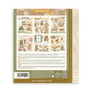The back cover of a Stamperia craft paper sheet, showing various vintage-themed stamp designs, instructions, a barcode, and the website www.stamperia.