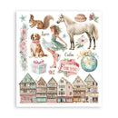 A square watercolor-style art print featuring a whimsical village scene with half-timbered houses, a squirrel, a girl in a dress, a horse, flowers, stars, gift boxes, and decorative text including 'Love', 'Calm', and 'For you'.