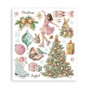 A sheet of Christmas-themed sticker designs featuring a dancing girl in a pink dress, rabbits, a decorated Christmas tree, ice skates, ornaments, birds, flowers, and gift boxes on a white background.