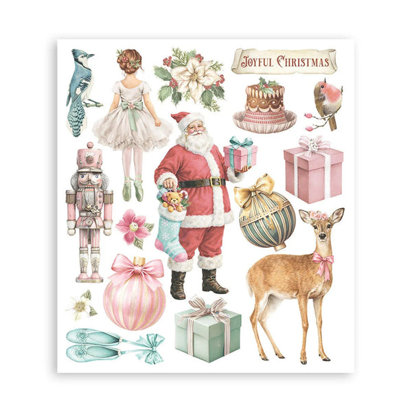 A sheet of Christmas-themed watercolor illustrations on a white background, featuring Santa Claus, a deer, a nutcracker, gifts, ornaments, flowers, and holiday motifs with the text 'Joyful Christmas'.