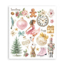 A square sheet of watercolor Christmas-themed illustrations on a white background, featuring a pink ornament, pink dress, gingerbread man, clock, gifts, tree, birds, rabbits, boots, and a nutcracker.