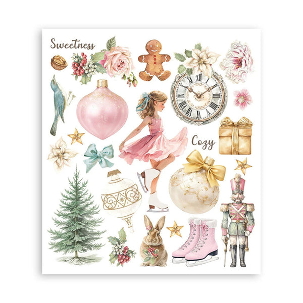 A square sheet of watercolor Christmas-themed illustrations on a white background, featuring a pink ornament, pink dress, gingerbread man, clock, gifts, tree, birds, rabbits, boots, and a nutcracker.