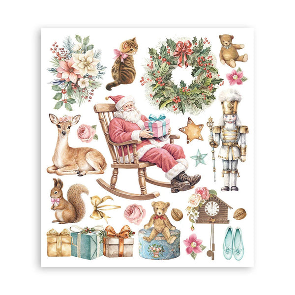 A sheet of watercolor-style Christmas illustrations on a white background, featuring Santa Claus in a rocking chair, a wreath, nutcracker, deer, squirrel, teddy bear, flowers, gifts, and other holiday motifs.