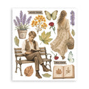 A square art print or card featuring a vintage-style collage of illustrated elements: a man sitting on a bench reading, a woman in a long dress holding a basket, flowers, leaves, butterflies, an open book, and small text labels including 'with love' and 'Mon Amie' on a white background.