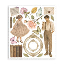 A sheet of vintage-style decorative stickers or decals featuring a young girl in a lace dress, a boy in suspenders, flowers, butterflies, leaves, books, an ornate frame, and handwritten notes on a white background.