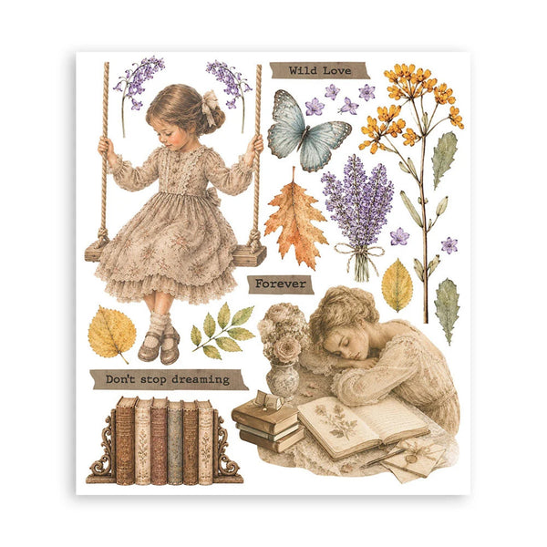 A square art print or sticker sheet featuring vintage-style illustrations: a young girl sitting on a swing, a sleeping girl at a desk, flowers, leaves, a butterfly, books, and text labels reading 'Wild Love,' 'Forever,' and 'Don't stop dreaming.'.