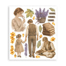 A square art print or sticker sheet featuring vintage-style illustrated scenes: a woman holding a flower, a couple from behind, a woman reading, yellow flowers, leaves, a basket of lavender, stacked books, and the words 'Truth Wish Hope' on small labels, all arranged on a white background.