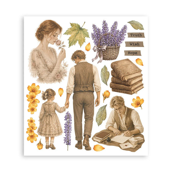 A square art print or sticker sheet featuring vintage-style illustrated scenes: a woman holding a flower, a couple from behind, a woman reading, yellow flowers, leaves, a basket of lavender, stacked books, and the words 'Truth Wish Hope' on small labels, all arranged on a white background.