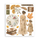 A sheet of vintage-style decorative stickers or craft cutouts featuring a woman and child holding hands, yellow flowers, books, stamps, a clock face with floral details, leaves, and the text 'Earth Whisper' on a white background.