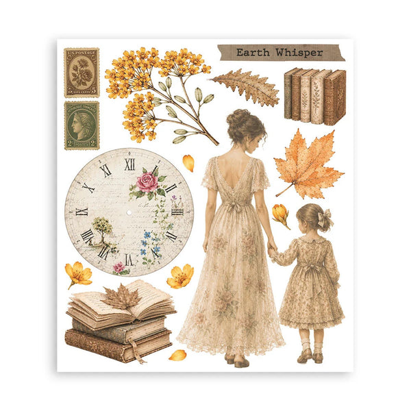 A sheet of vintage-style decorative stickers or craft cutouts featuring a woman and child holding hands, yellow flowers, books, stamps, a clock face with floral details, leaves, and the text 'Earth Whisper' on a white background.