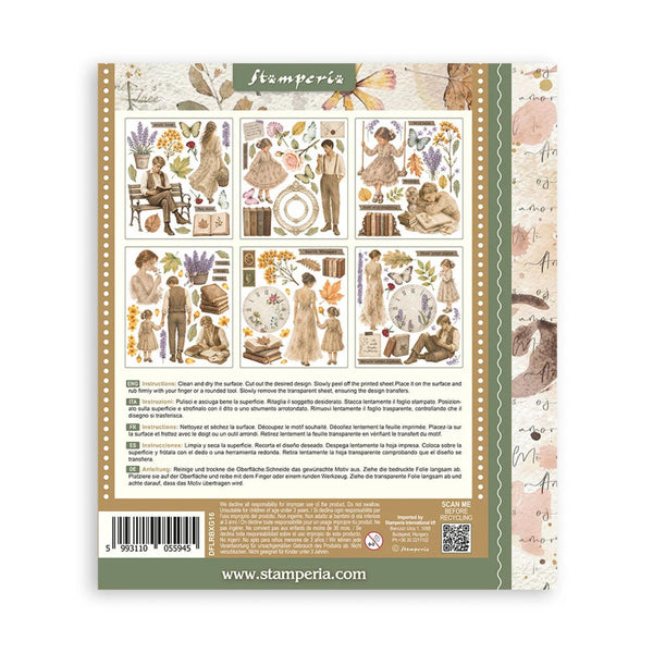 The back cover of a Stamperia paper craft sheet, featuring vintage illustrations of women in historical attire, Italian text instructions, a barcode, and the website www.stamperia.