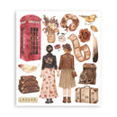 A sheet of vintage-themed watercolor stickers or decoupage elements on a white background, including a red London telephone booth, two illustrated women from behind, flowers, a bird, film strip, feathers, stacked suitcases, a camera, and the word 'LONDON'.