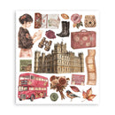 A square art print featuring a collage of vintage travel-themed illustrations, including a large gothic building, a red double-decker bus, a pink suitcase, flowers, leaves, a camera, a boot, a film strip, a bird, and text elements on a white background.