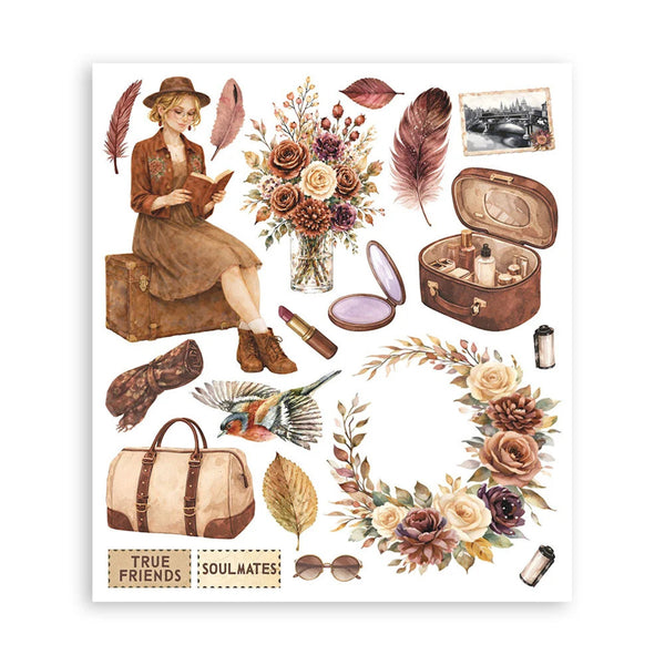 A sheet of watercolor-style vintage illustrations featuring a woman sitting on a suitcase reading, feathers, a bouquet of flowers, an open suitcase with cosmetics, a bird, a handbag, leaves, and small text reading 'TRUE FRIENDS SOULMATES'.