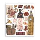 A vintage-style collage print featuring illustrated elements such as Big Ben, a woman in a floral skirt, a camera, flowers, boots, a bird, a birdcage, and travel-themed paper items on a white background.