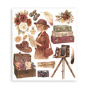 A vintage-style illustrated collage on a white background featuring a woman in a brown hat and coat reading a map, surrounded by flowers, suitcases, a camera on a tripod, a camera lens, a perfume bottle, and other retro travel motifs.