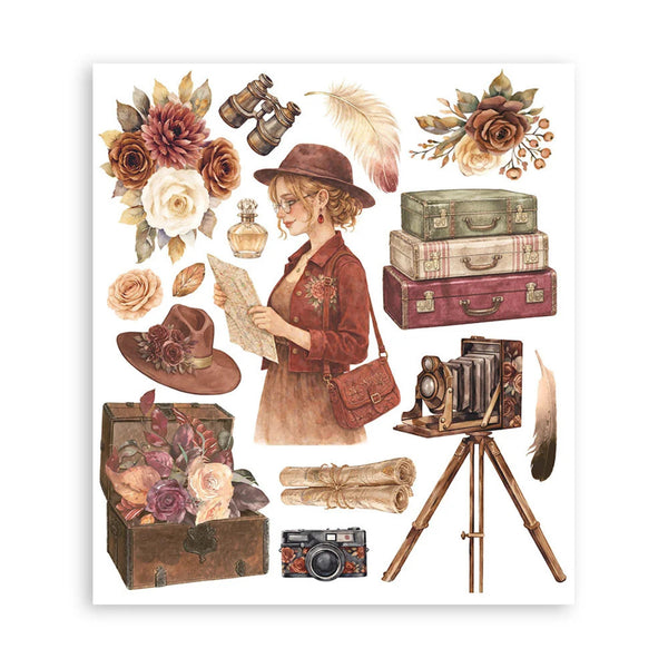 A vintage-style illustrated collage on a white background featuring a woman in a brown hat and coat reading a map, surrounded by flowers, suitcases, a camera on a tripod, a camera lens, a perfume bottle, and other retro travel motifs.