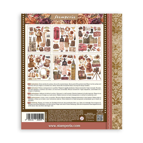 The back cover of a Stamperia paper scrapbook card, featuring a grid of vintage illustrations, product descriptions in Italian, a barcode, and the brand website.