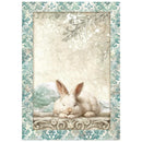 Decorative paper with two rabbits sitting on a ledge and ornate border.