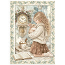Illustration of a girl holding a rabbit with a clock and books in a decorative frame.