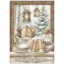 Decorative Christmas scene with bread, lanterns, and a tree in a vintage frame.