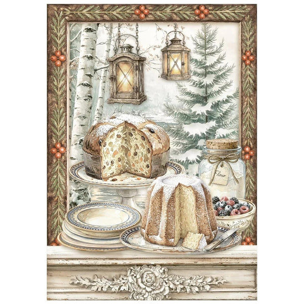 Decorative Christmas scene with bread, lanterns, and a tree in a vintage frame.