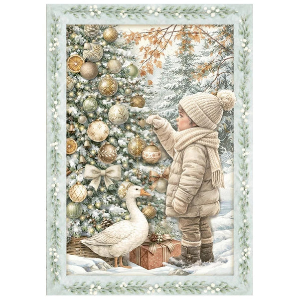 Child decorating a Christmas tree with ornaments in a snowy scene