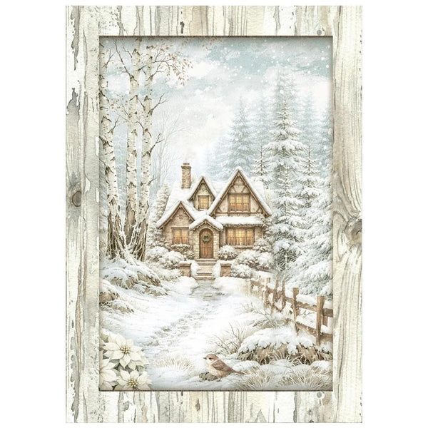 Winter scene with a snow-covered cabin in the woods, framed with wooden elements.