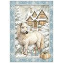White horse standing in front of a snow-covered house with gift boxes and snowflakes around.