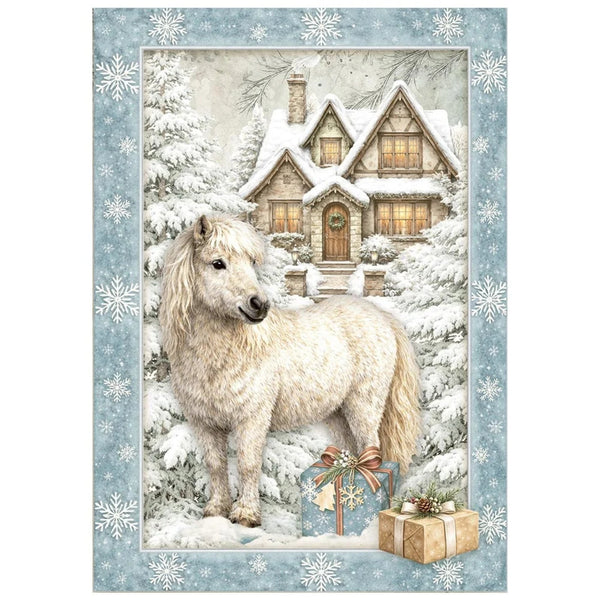 White horse standing in front of a snow-covered house with gift boxes and snowflakes around.