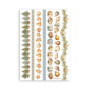 A sheet of decorative planner washi tape featuring vertical columns of winter and holiday motifs, including pine trees, gingerbread houses, ornaments, gift boxes, bells, and floral garlands, in soft muted colors on a white background.