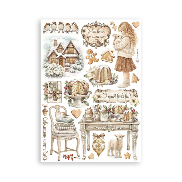 Collection of illustrated stickers featuring a snowy village scene, a girl with a lamb, a house, and various decorative elements on a white background.