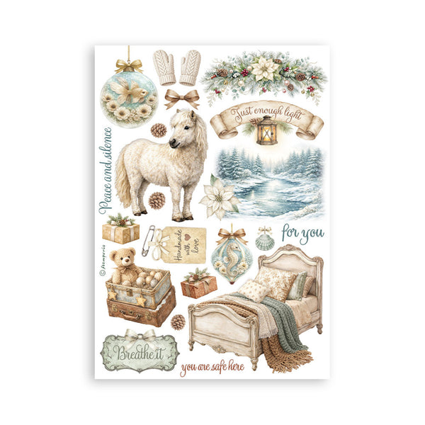 Collection of decorative elements including a horse, teddy bear, and bedroom scene on a white background.