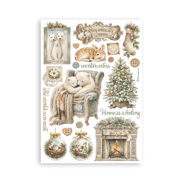 A sheet of Christmas-themed decorative stickers or decals featuring polar bears, a fireplace, a decorated tree, ornaments, buttons, and winter quotes on a white background.