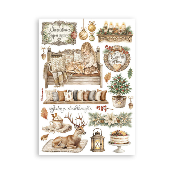 Collection of Christmas-themed illustrations including a girl on a bench, deer, lantern, and festive elements.