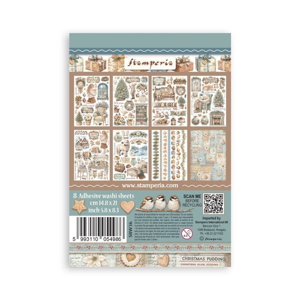 Stamperia Christmas Pudding adhesive washi sheets pack, featuring various illustrated holiday stickers on a beige and teal backing card.