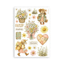 A sheet of vintage-style mouse and floral stickers on a white background. The stickers feature illustrated mice in dresses, flower baskets, daisies, pink and yellow blossoms, a patchwork heart, small labels reading 'Simplicity' and 'Thank You,' and grassy clusters.
