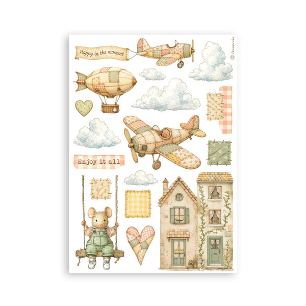 A sheet of vintage-style craft stickers featuring a whimsical air-themed design with patchwork airplanes, a blimp, clouds, a small house, a mouse on a swing, hearts, and fabric-square motifs on a white background.