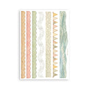 A vertical art print featuring six vertical decorative paper bands in soft pastel colors: beige wood grain, pink scalloped, sage green wavy, muted textured, orange-and-beige pennant flags, and a blue-green watercolor wave. The print is centered on a clean white background.
