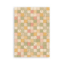 A rectangular fabric or wallpaper panel featuring a vintage patchwork quilt pattern with squares in muted green, peach, mustard yellow, and cream, shown against a plain white background.