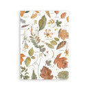 A vertical rectangular art print featuring a botanical pattern of autumn leaves, flowers, and botanical sketches on an off-white background, with handwritten-style labels in muted earthy tones.