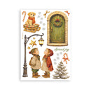 Christmas-themed illustration with children, a dog on a sled, and decorative elements.